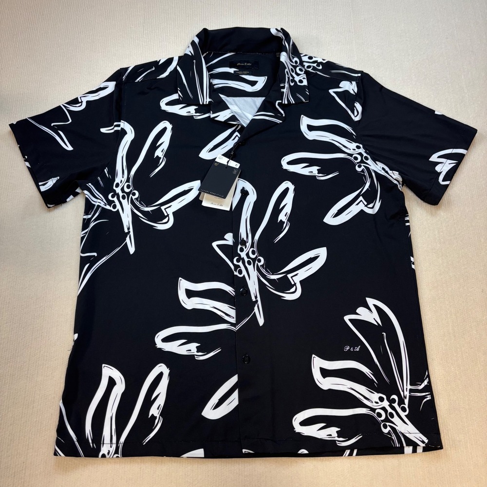 Porter & Ash Kinetic Stretch Polo Shirt Mens L Black White Abstract Floral NWT